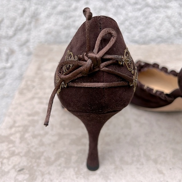 Alexandra Neel VTG Victorian Brown Ruffle Lace Up Adorned Kitten Heels Pump 5.5 - Picture 9 of 12